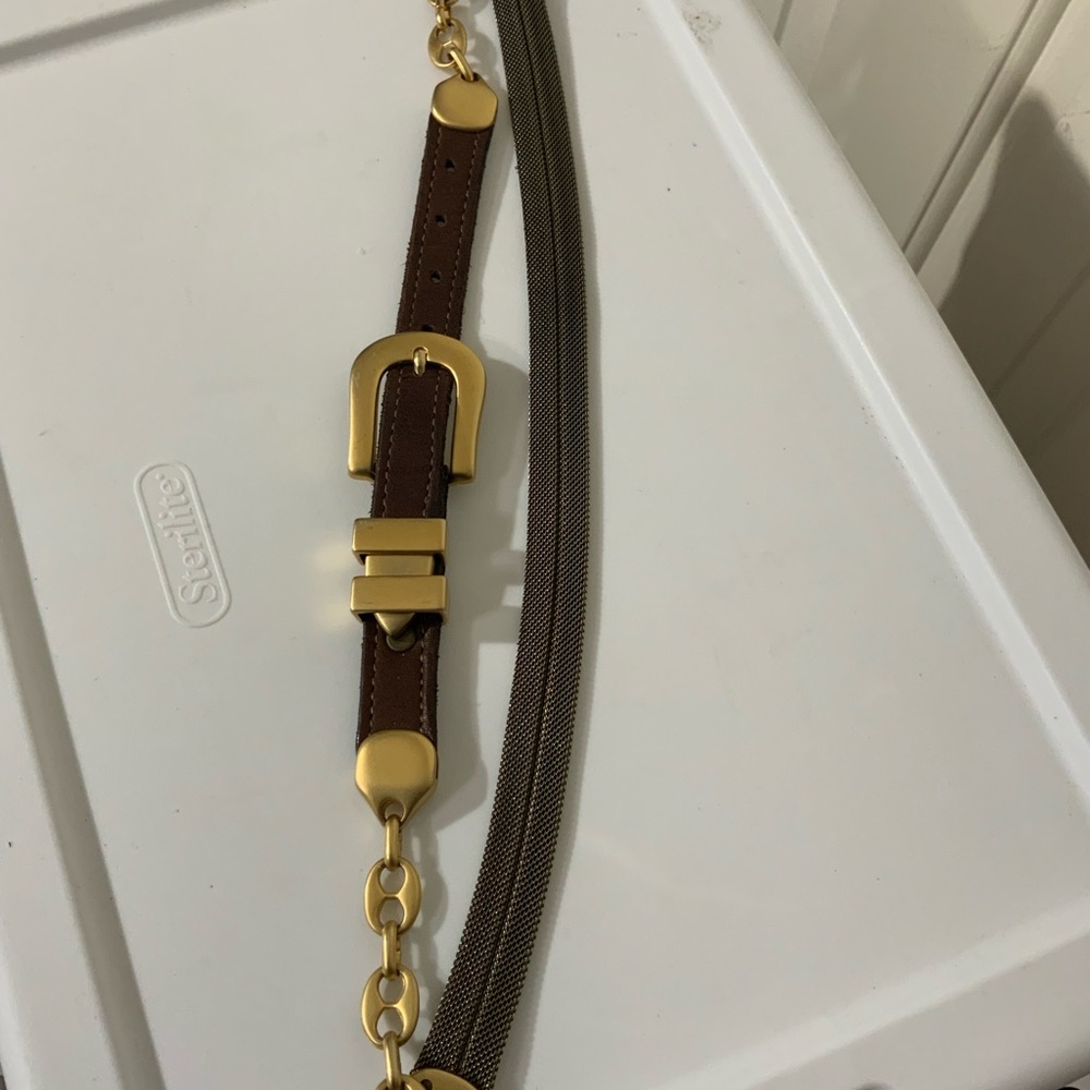 Vintage Mod. Depose Brown Genuine Leather And Mesh Belt Gold Tone Metal Buckle